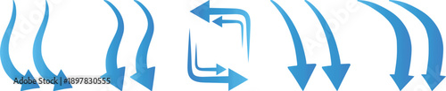 Air flow arrows set. Set of blue arrow showing wind air flow. Vector set of air flow arrows. Blue air flow arrows showing wind circulation and ventilation. Set of blue arrows showing cold air