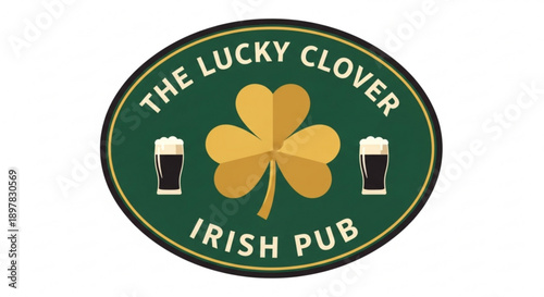 Irish Pub Logo with Shamrock and Beer Glasses on Green Background