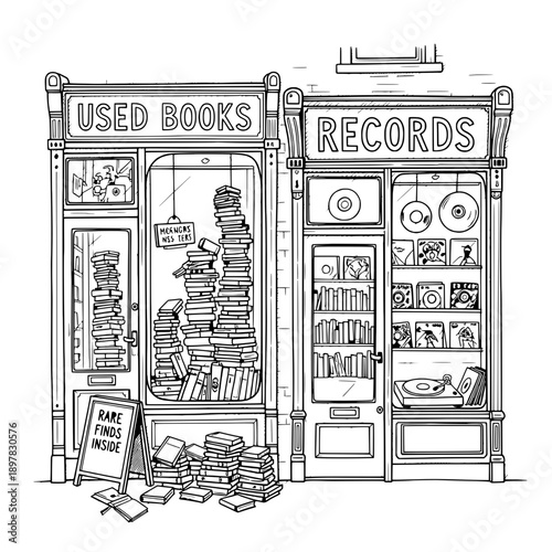 Illustration of used books shop beside records store with vinyl discs in window display