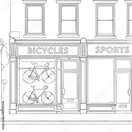 Bicycles shop and sports store line drawing with bikes in window, front view