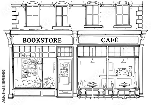 Detailed pen and ink sketch of bookstore and cafe scene
