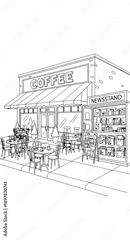 Fototapeta premium Coffee shop with outdoor seating and newsstand kiosk on sidewalk, illustrated in a line drawing style