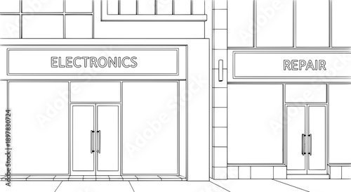Modern storefronts featuring electronics and repair shops with sleek glass facades illustration