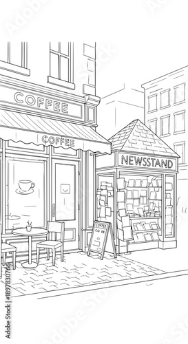 A COFFEE shop with outdoor seating and a NEWSSTAND kiosk on the sidewalk illustrated in a line drawing