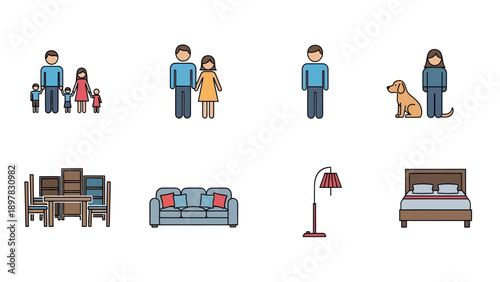 Household and family icons including diverse family structures, individual figures, and essential home furniture for real estate, demographic, or lifestyle content