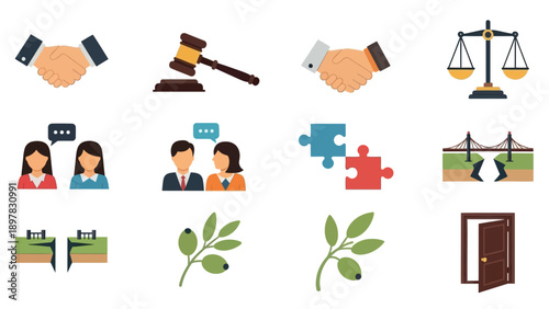 Collection of diverse flat icons representing business deals, justice, communication, conflict, peace, and opportunity, perfect for corporate presentations and educational materials