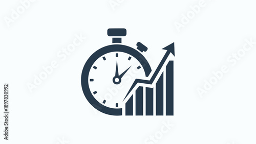 Stopwatch symbol combined with an increasing bar chart and an upward arrow representing time management, productivity growth, and efficient business progress for corporate presentations and