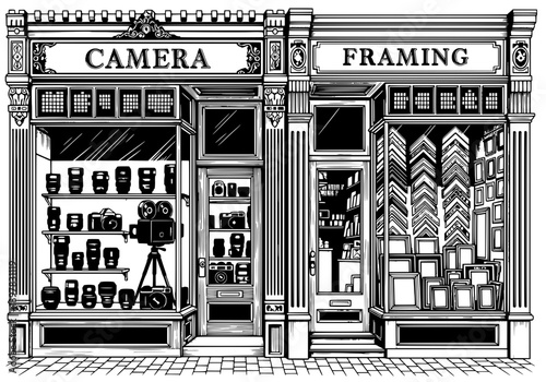 Black and white illustration of a camera shop next to a framing storefront display