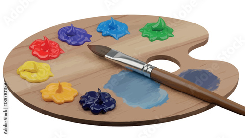 Vibrant colorful paint blobs on a traditional wooden artist palette with a paintbrush ready for creating beautiful works of visual expression and design projects