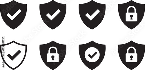 Set of Eight Shield Icons with Checkmarks and Locks