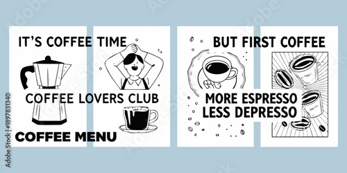 Four panels showcasing coffee themed illustrations and playful text