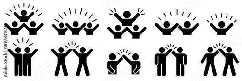 Group happy people icon set. Party friends, joy expression feeling, success. Containing participant, employee, team, meeting, goal, organization, community, member, interview. Vector illustration.