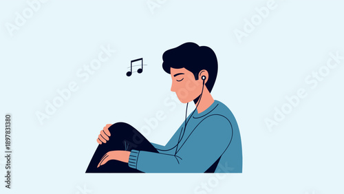 A young man listening to music with earphones, sitting calmly with closed eyes and musical notes, embodying relaxation, concentration, and personal enjoyment.