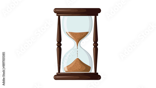 A classic hourglass timer with brown sand flowing through clear glass bulbs within a dark wooden frame is perfect for concepts related to time management, deadlines, and the passage of