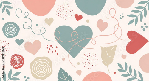 Colorful heart and floral pattern with pastel hues on white background for valentine's day