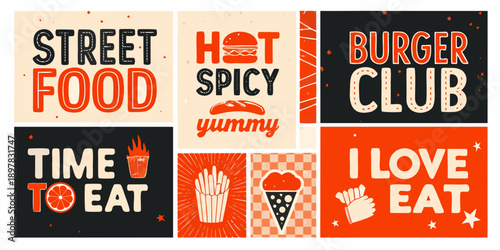 Colorful street food themed signs with illustrations of burgers and snacks
