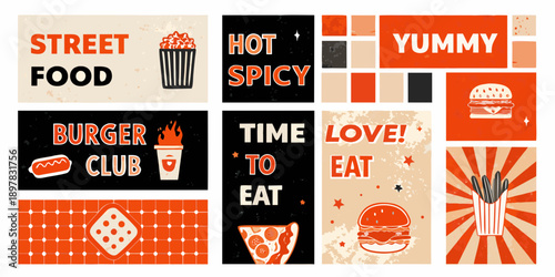 Colorful street food themed graphic design with various food illustrations