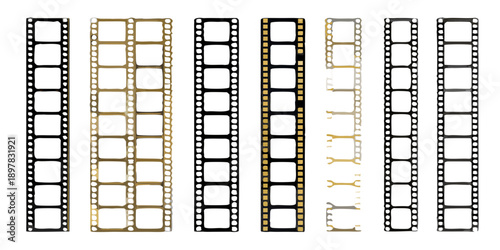 Golden film strips arranged vertically against a black background