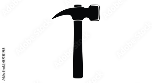 A stark black silhouette depicts a claw hammer a common hand tool used for driving and removing nails