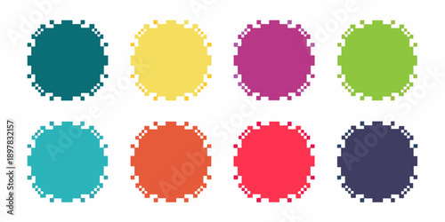 Eight pixelated colorful circular shapes arranged in two rows