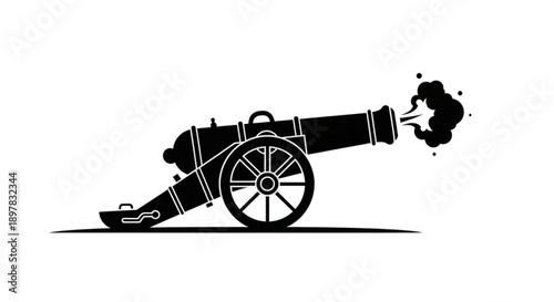 Antique Cannon Firing on White Background, Silhouette Illustration