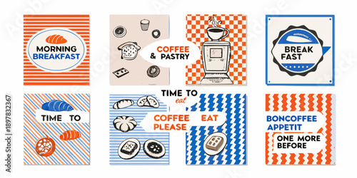 A collection of colorful retro style breakfast and coffee themed posters
