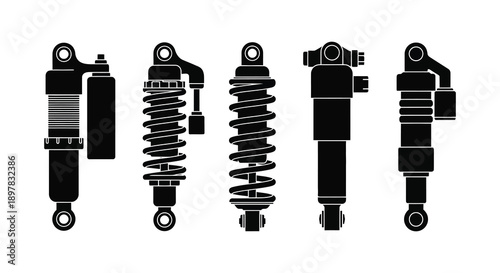 A collection of five black and white vector illustrations depicting various shock absorber designs high quality professional detailed