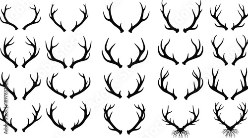 Deer antlers silhouette collection, wild stag horn shapes set, rustic hunting design elements, black vector illustration for wildlife, nature, logo 