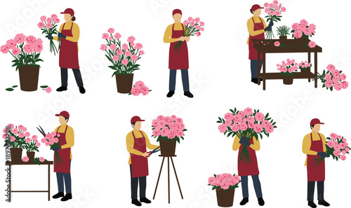 Professional florist, arranging, pink, roses, in, flower, shop, bouquet, preparation, vector, illustration, gardening, workspace, blooming, plants, retail, decor, design