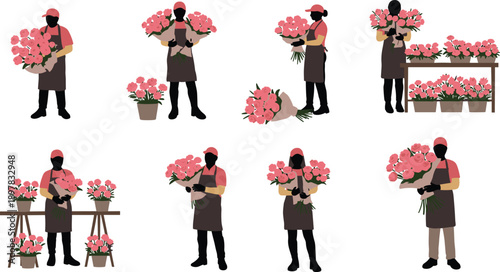 Professional florist, holding, pink, rose, bouquets, in, flower, shop, floral, arrangement, vector, illustration, gardening, workspace, blooming, plants, retail, decor, design