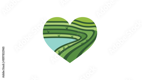 Green Terraced Landscape with Lake in Heart Shape