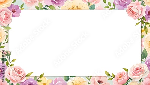 Elegant Floral Frame with Pastel Pink and Purple Roses, Aesthetic Botanical Border on White Background for Wedding Invitations, Romantic Spring Greeting Cards, and Minimalist Nature Stationery Mockup