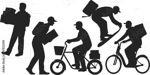 Delivery workers silhouette vector illustration, courier service on bicycles and skateboards, parcel and food delivery people in motion, express urban logistics concept design