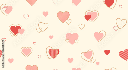 A pattern of red and pink hearts on a cream background.