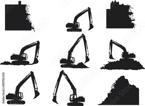 Demolition vector illustration, excavator silhouettes, construction machinery, debris pile scenes, building destruction, heavy equipment, industrial site, urban development, claw arm action