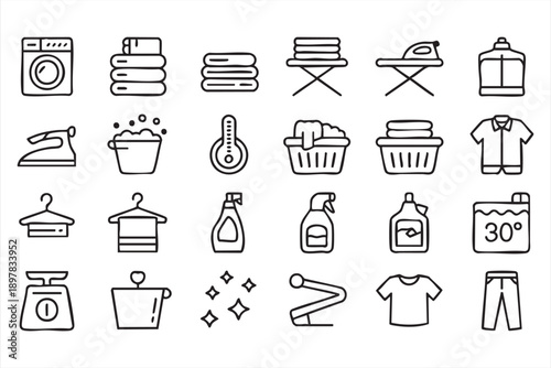 Clothes Washing and Household Cleaning Line Icons Set