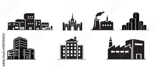 Collection of building icons, including offices and factories isolated on white background, Vector, illustration.