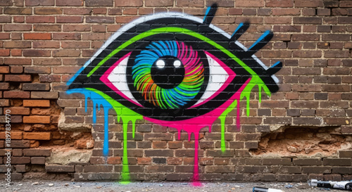 A vibrant, colorful graffiti eye with dripping paint on an old, textured brick wall.