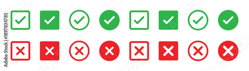 check mark icon button set. check box icon with right and wrong buttons and yes or no checkmark icons in green tick box and red cross vector