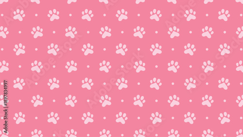 Seamless pink dog paw print pattern with polka dots. Cute animal track background for pet shop branding, wallpaper, wrapping paper, and nursery textile design vector illustration