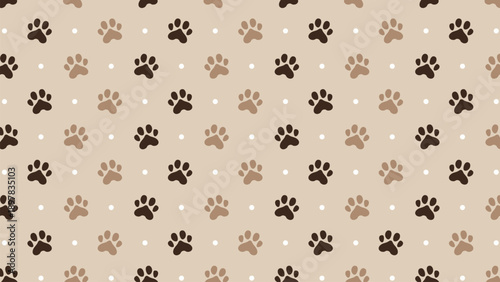 Seamless pattern with brown and tan paw prints and white dots on a beige background. Cute dog or cat footprint vector illustration for pet shop branding, fabric textile, and wallpaper design
