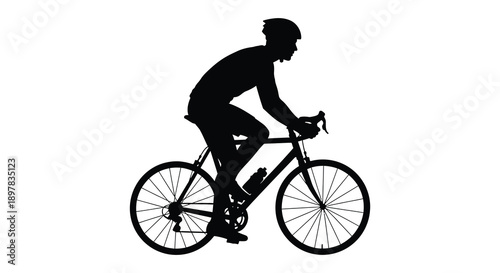 A minimalist silhouette depicts a cyclist in motion riding a road bike against a plain white background