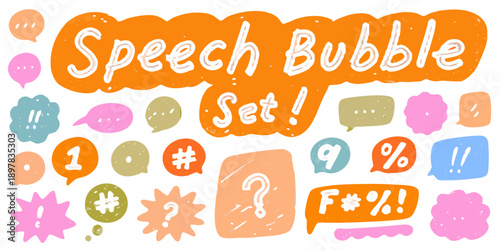 Colorful speech bubble set with various shapes and expressive text symbols
