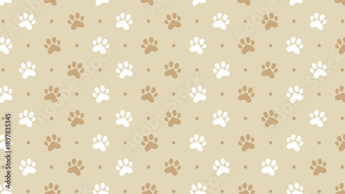 Minimalist seamless pattern with white and tan paw prints on a beige background. Cute animal footprint vector for organic pet products, neutral nursery wallpaper, and soft textile designs