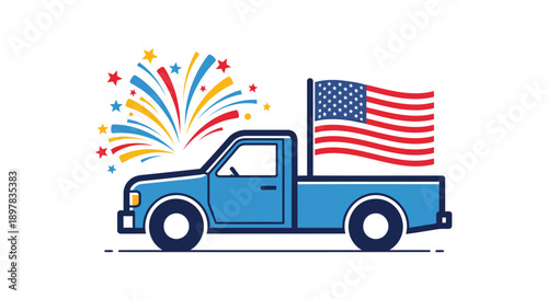 blue pickup truck with American flag and colorful fireworks, vector illustration for Independence Day or patriotic celebration, Isolated on transparent background, png