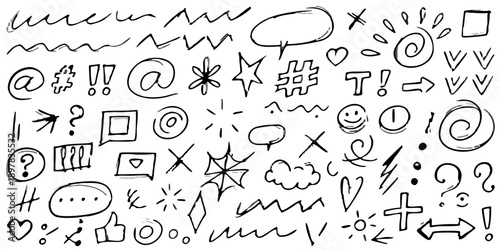 Abstract collection of handwritten letters and symbols on a black background