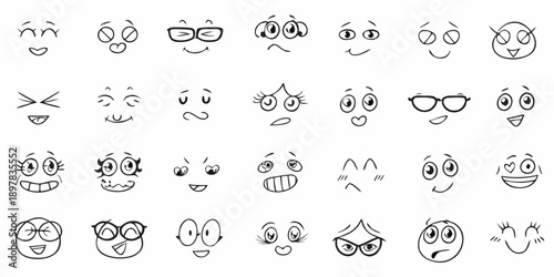 Collection of hand drawn cartoon faces with varied expressions and eyewear