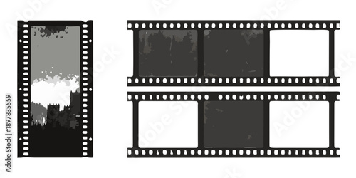 Black and white film strip with abstract shapes and grayscale blocks