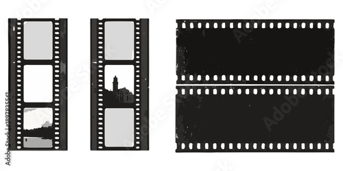 Film strips with blank and partially exposed frames dark background
