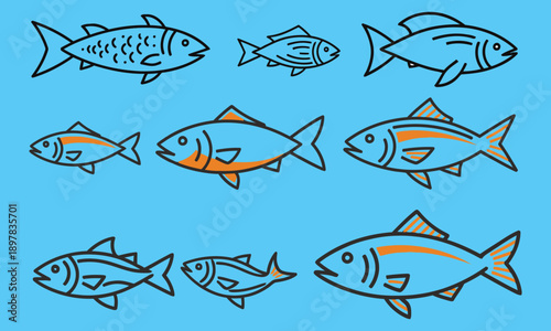 Minimalist Fish Line Icon Set Featuring Simple Vector Illustrations of Tuna and Salmon in Black and White Outline Styles Isolated on High Contrast Backgrounds for Seafood Logo Design and Web UI App